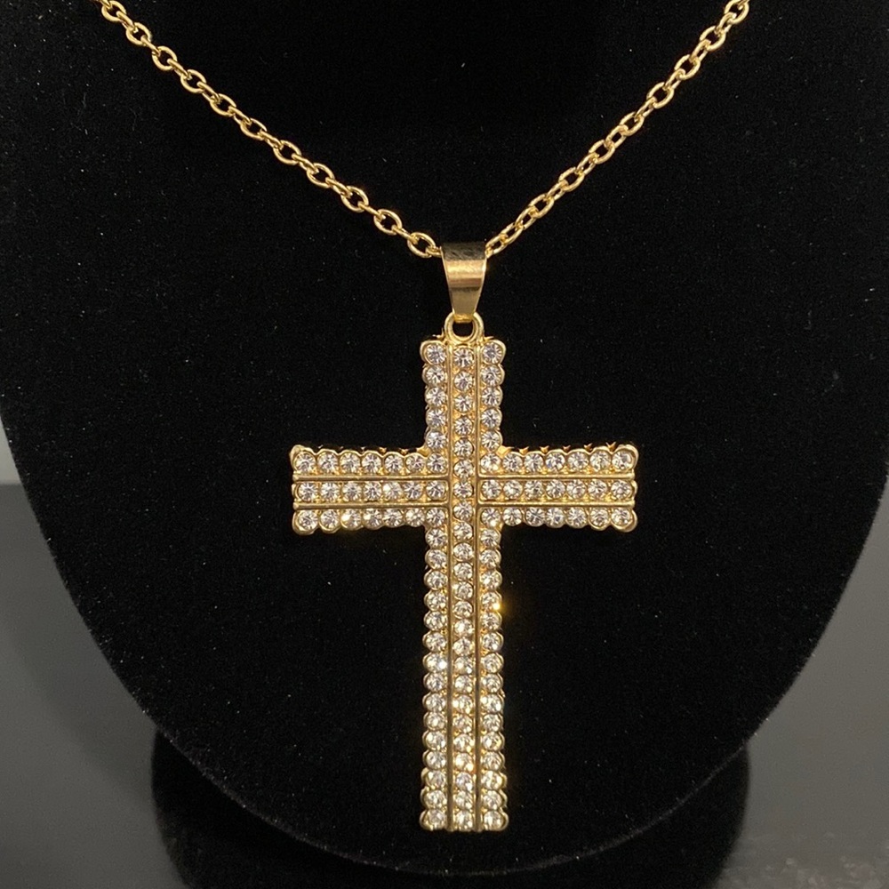Large Gold Tone and Rhinestones Cross Pendant on Gold Tone Necklace